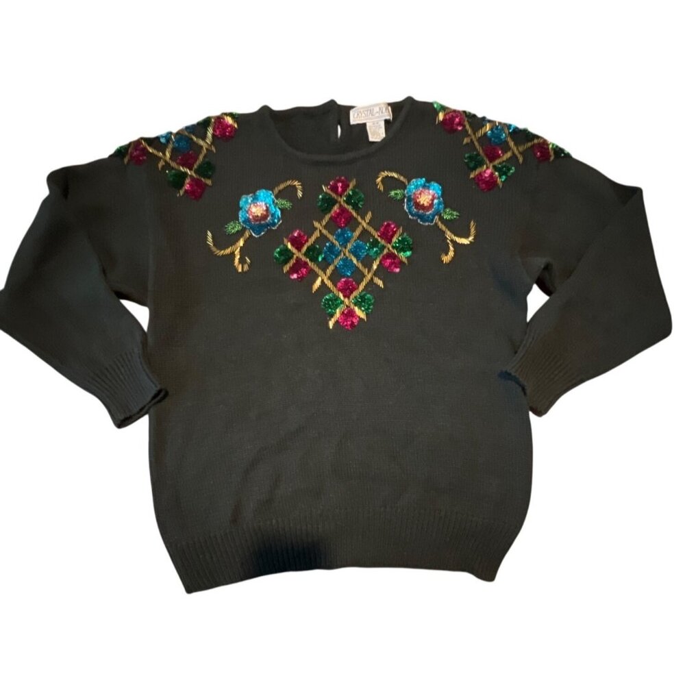 Vintage Crystal-Kobe Sequin Embroidered Sweater • Black • Women's Medium‎